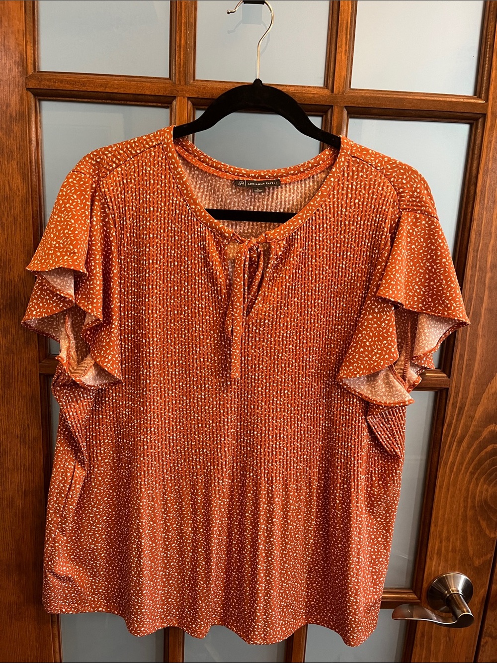 Adrianna Papell Rust Orange Tie-Neck Ruffle Sleeve Top